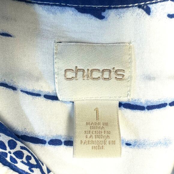 Chico's Button-Up Long Sleeve Shirt Boho Tie-Dye Effect Women 1 (M) White Blue - Picture 6 of 13